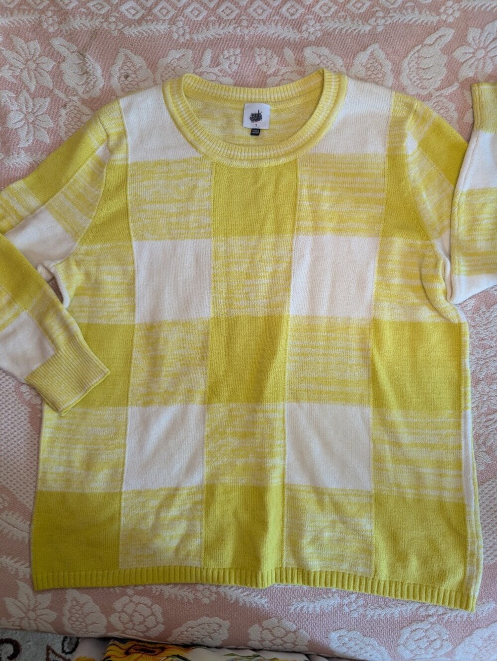 CAbi Yellow and White Checker Knit Sweater Top